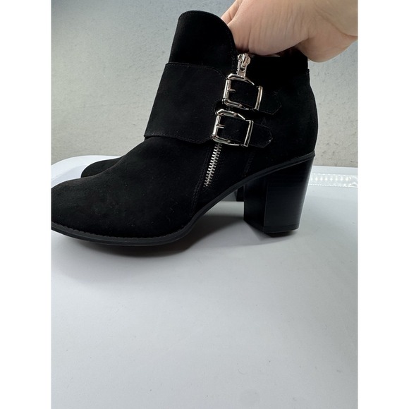 Womens Size 11 Black Heeled Ankle Booties Boots Buckle Accent Cute Sexy Biker - Picture 4 of 11